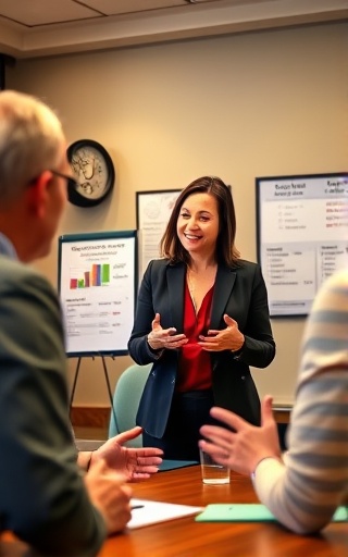 passionate nonprofit fundraising coordinator, optimistic, discussing with donors, photorealistic, a well-decorated meeting room with donation charts, highly detailed, participants gesticulating, ISO 200, even natural lighting, shot with a 50mm lens.
