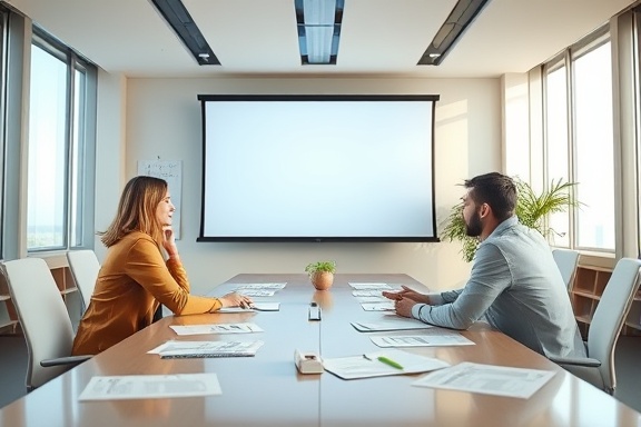 modern estate planning, thoughtful expression, strategizing, photorealistic, a conference room with a large projection screen, highly detailed, documents scattered around, wide-angle perspective, pastel hues, natural daylight streaming in, shot with a wide-angle lens.